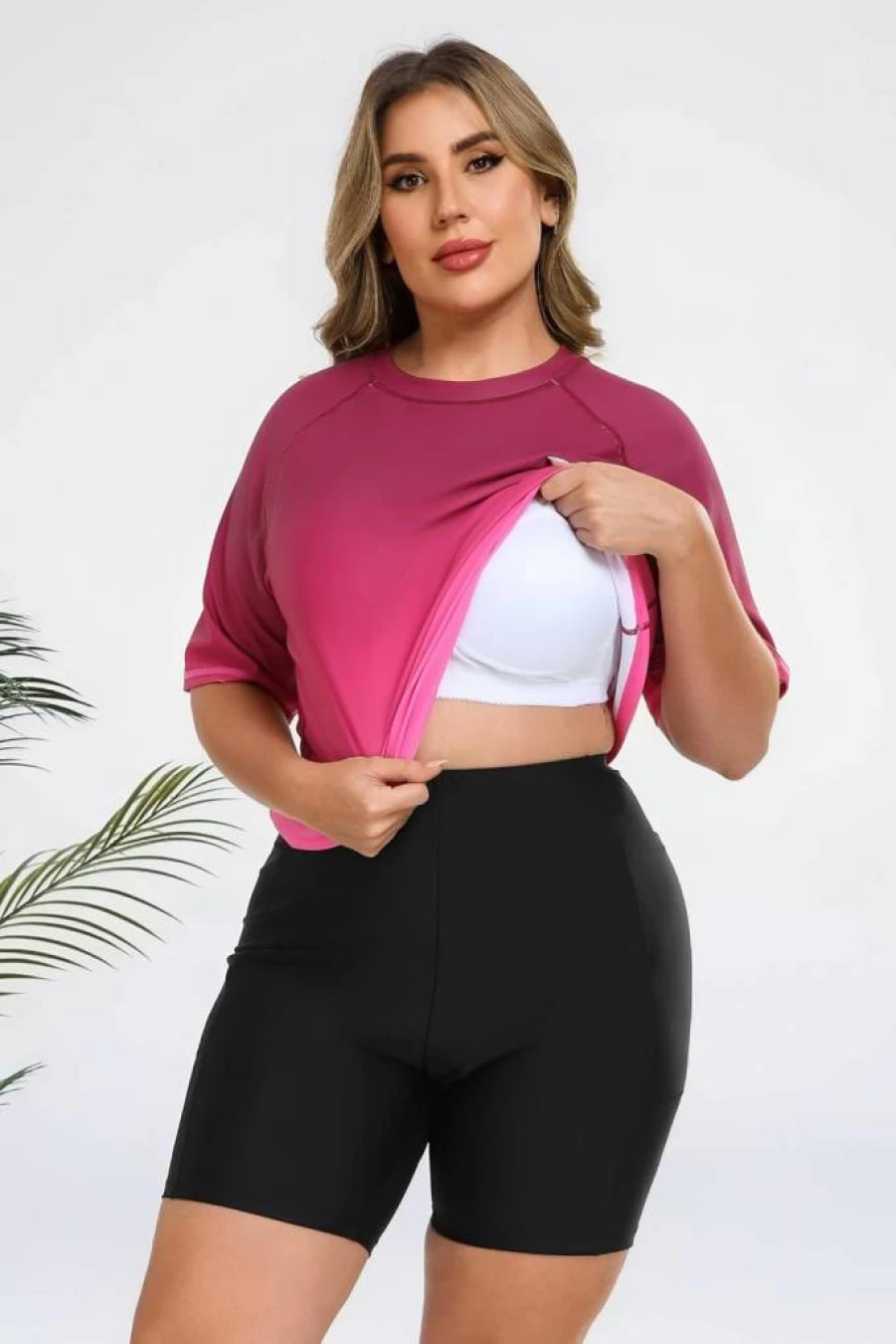 Halcurt Women's Plus Size Swimwear Set with Built-In Bra Rash Guard Shirt and Pocket Boyleg Shorts Two-Piece