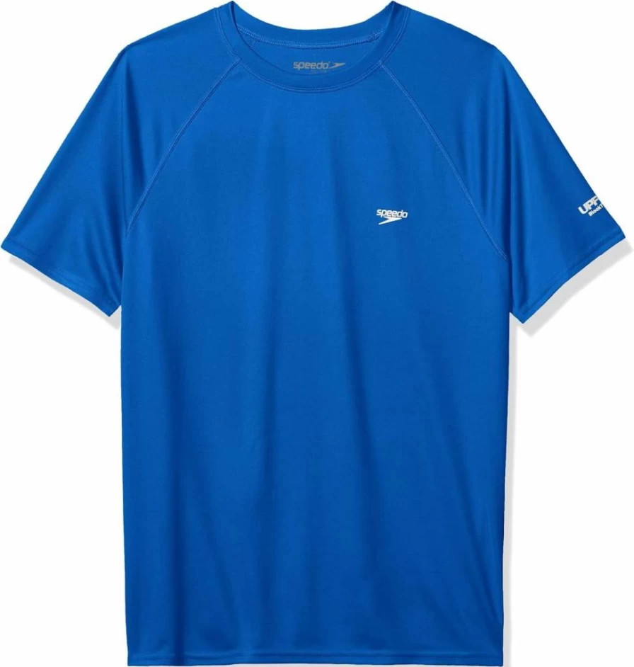 Speedo Men's UV Protection Swim Shirt Short Sleeve Quick Dry Rash Guard Solid Color Regular Fit
